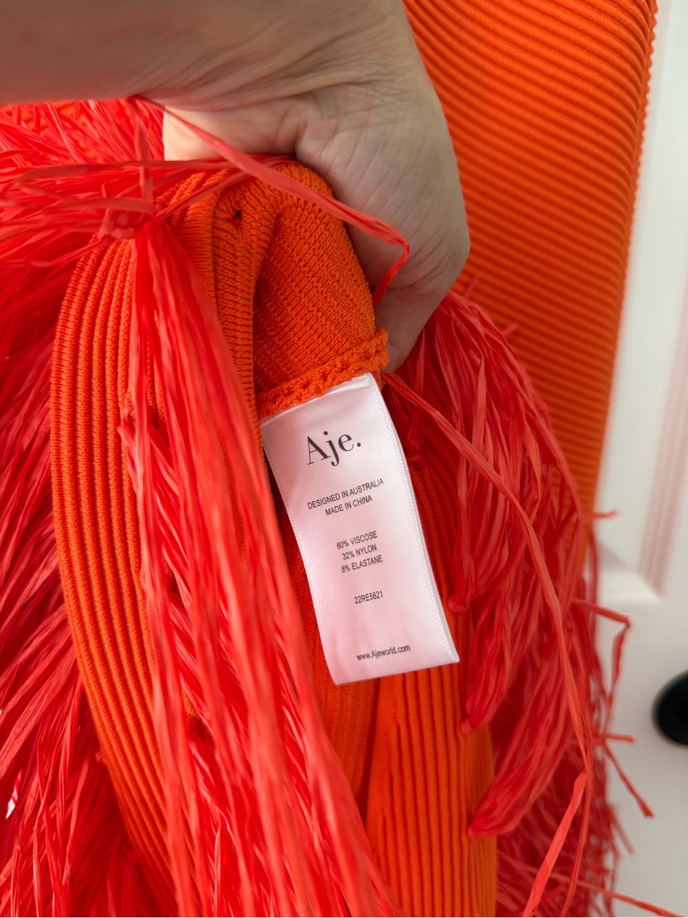 Aje Rushes Raffia Trimmed Ribbed Stretch Knit Dress Orange - Picture 11 of 16